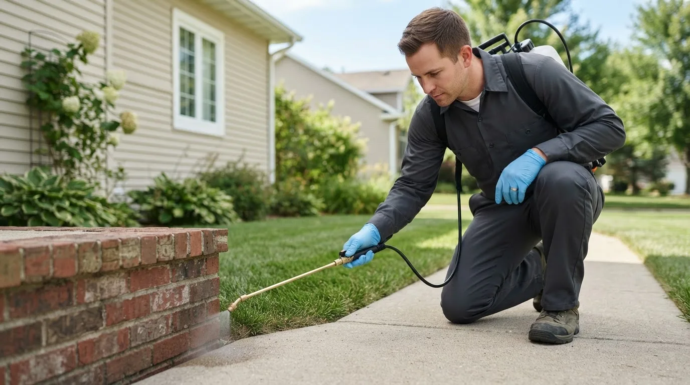 Pest control technician treating a home near New Suffolk, NY